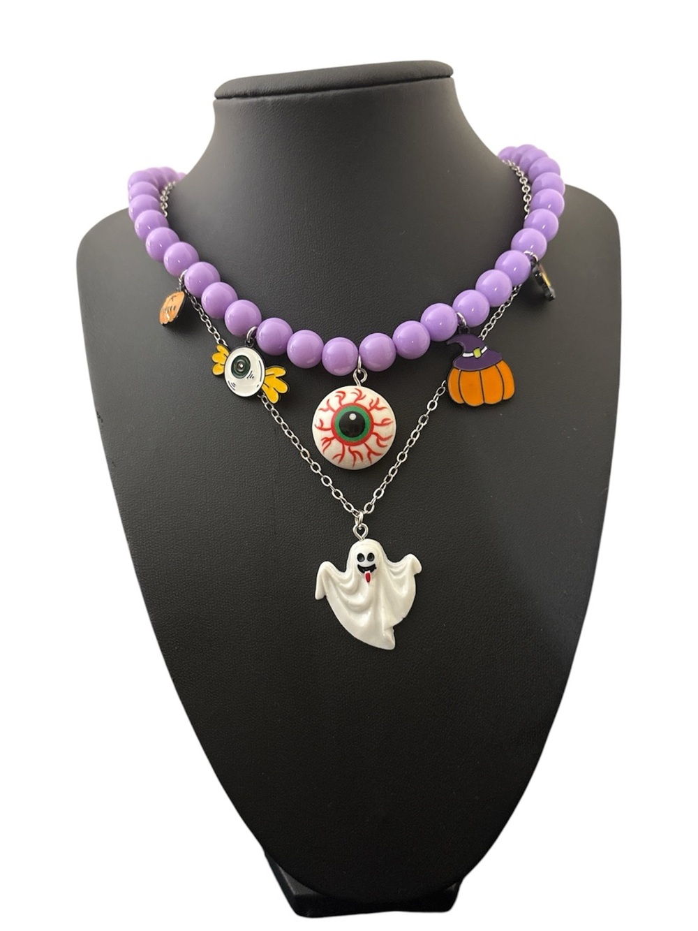 Halloween Purple Beaded 2-Piece Necklace Set with Ghost & Eyeball Charms - New - Picture 4 of 4